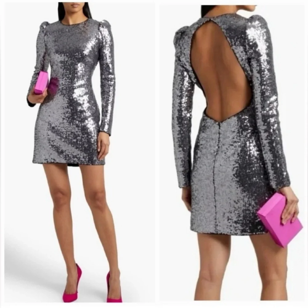 NWT Rachel Zoe Silver Sequin Karlee Backless Long-Sleeve Mini Dress- Size 2 - Picture 3 of 12